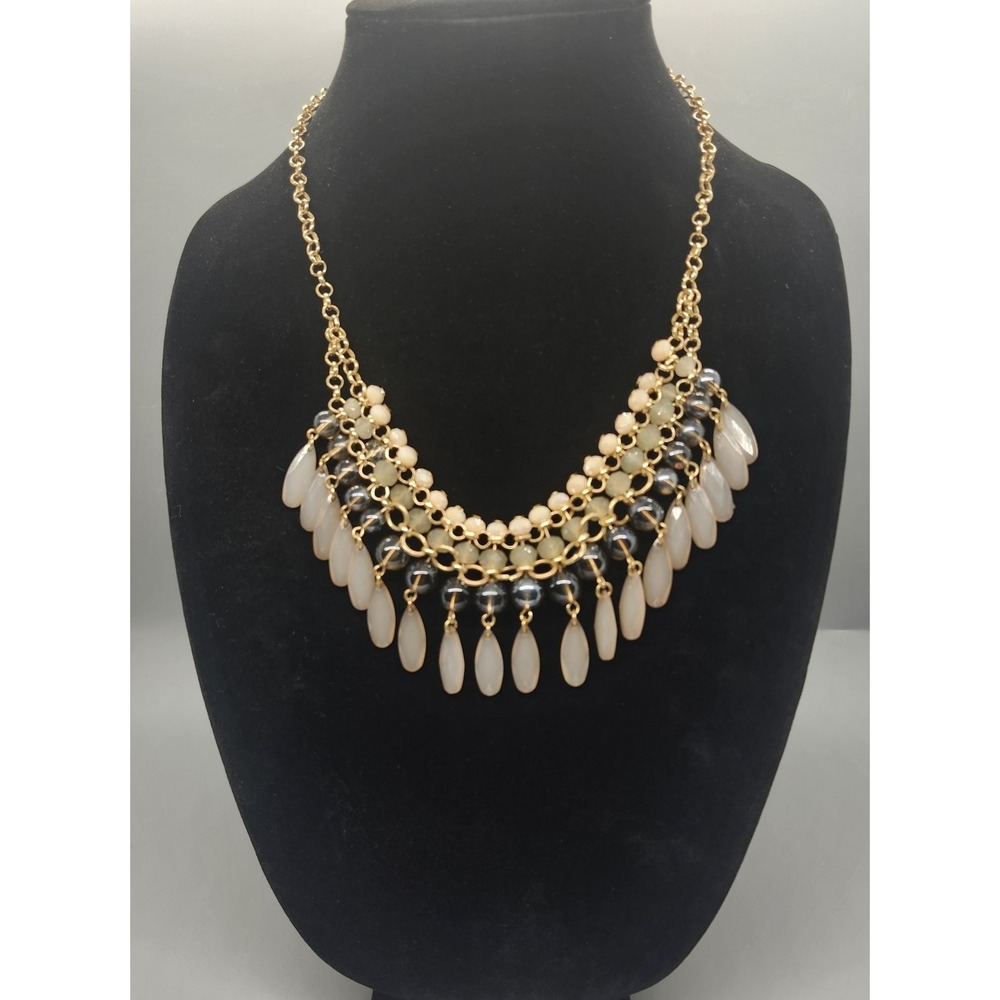 Gold Tone Bib Statement Necklace Adjustable Multi-Strand Cream Grey Beads